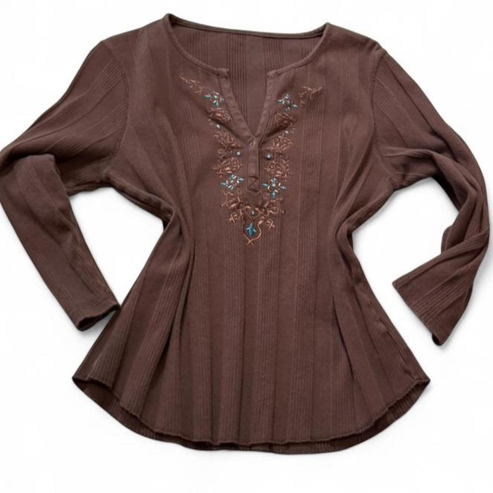 Vintage Y2K Old Navy Brown Embroidered Split Neck Top,‎ Women's Size L